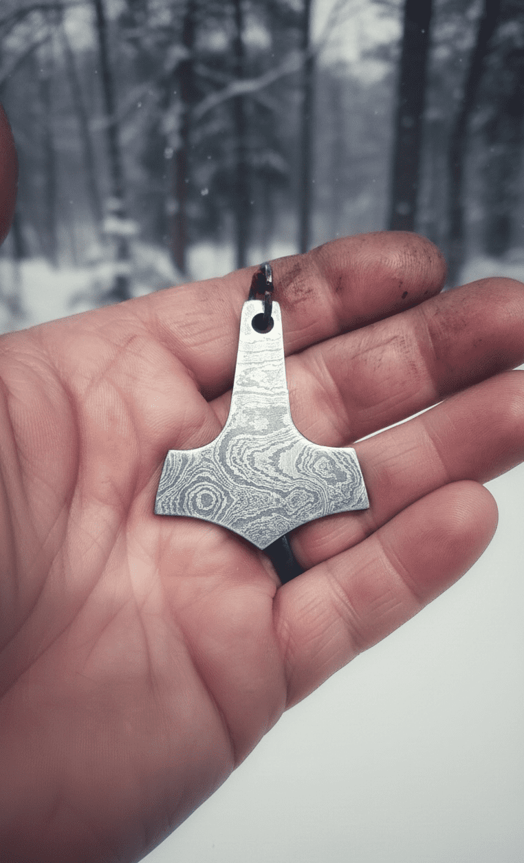 Damast Mjolnir Anhänger im Winterwald (Damascus Mjolnir pendant in winter forest) 2