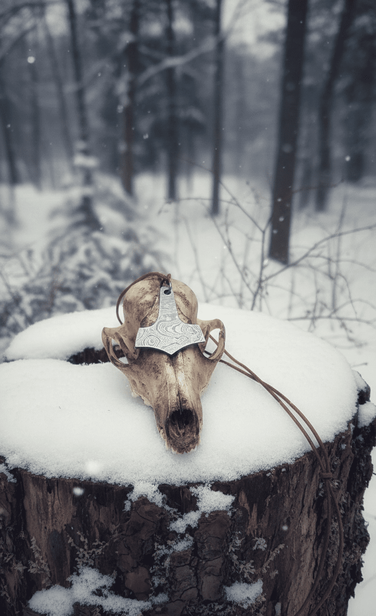 Damast Mjolnir Anhänger im Winterwald (Damascus Mjolnir pendant in winter forest) 3