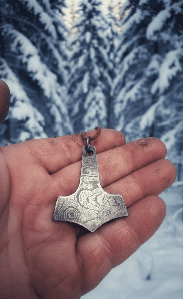 Damast Mjolnir Anhänger im Winterwald (Damascus Mjolnir pendant in winter forest) 5