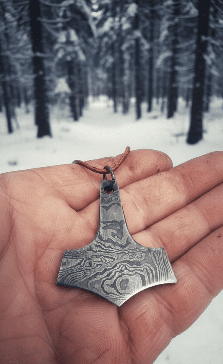 Damast Mjolnir Anhänger im Winterwald (Damascus Mjolnir pendant in winter forest) 4